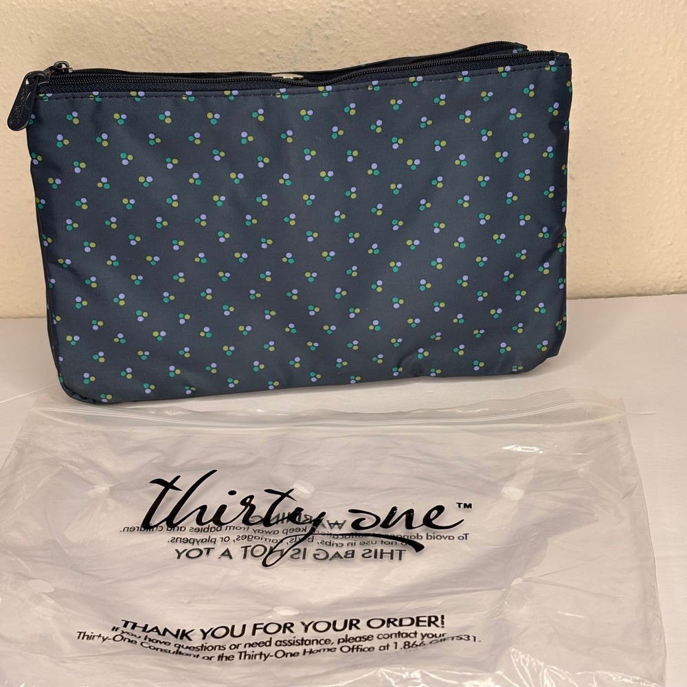 Thirty-One Pouch Organizer Women OS Blue Like New Polka Dot Zippered Pockets